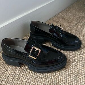 AllSaints Emily Buckled Patent Black Leather Loafer EU37/US7